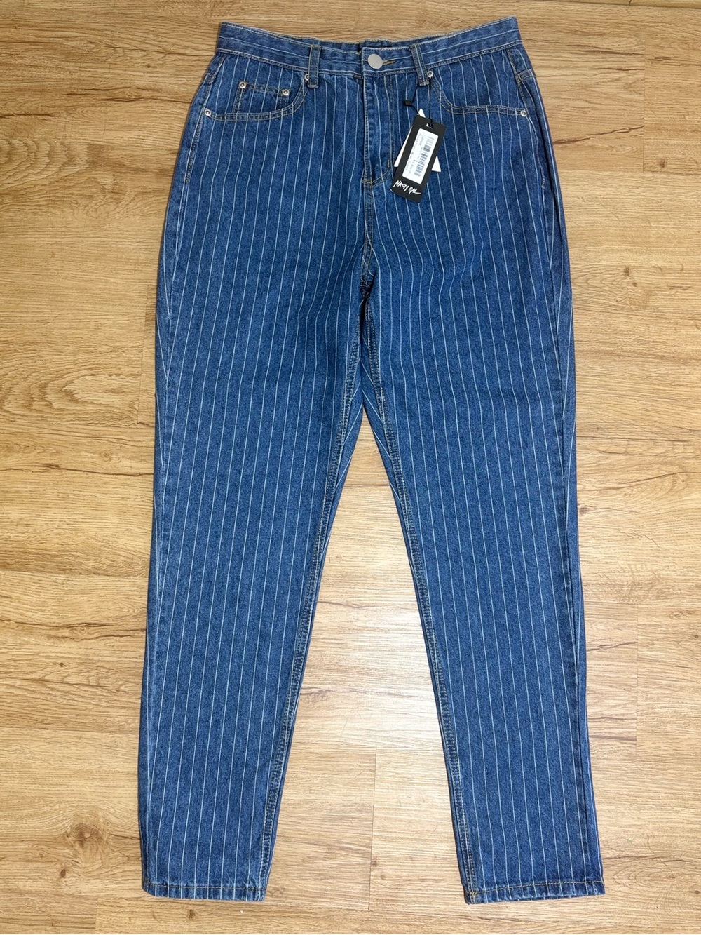 Nasty Gal Pinstripe Mom Jeans High Rise Blue Denim Size 6